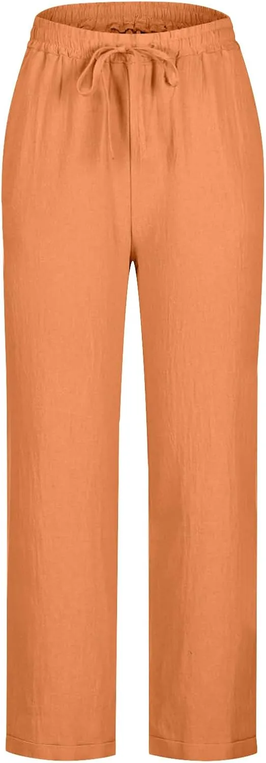 jsaierl Womens Summer Cotton Linen Straight Leg Pants High Waisted Casual Trousers Lightweight Lounge Drawstring Pants
