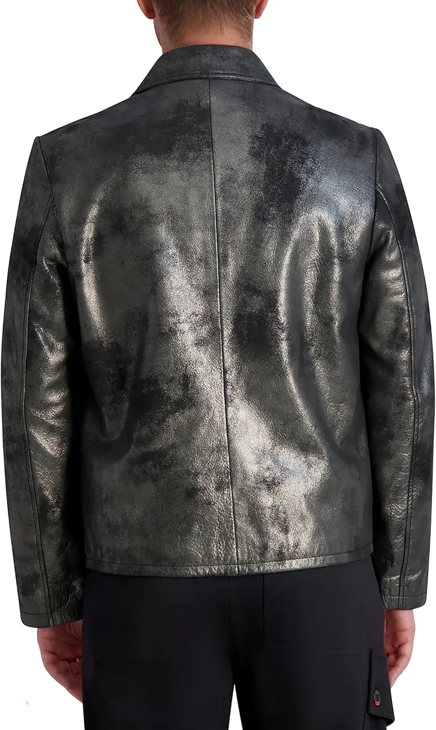 Karl Lagerfeld Paris Men's Shirt Collar Silver Leather Jacket