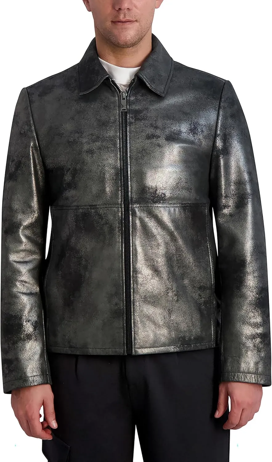 Karl Lagerfeld Paris Men's Shirt Collar Silver Leather Jacket