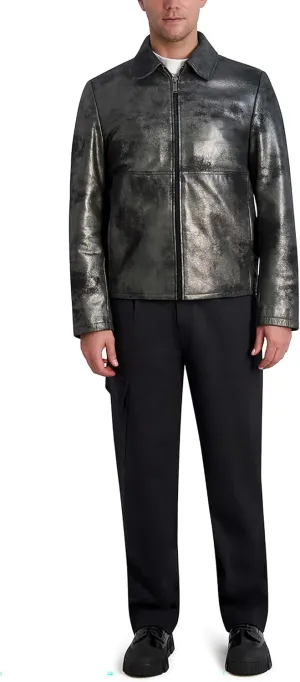 Karl Lagerfeld Paris Men's Shirt Collar Silver Leather Jacket
