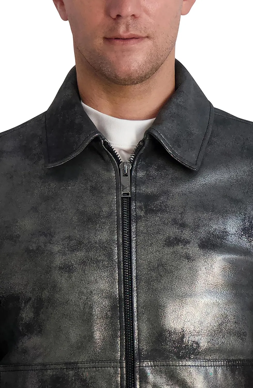 Karl Lagerfeld Paris Men's Shirt Collar Silver Leather Jacket