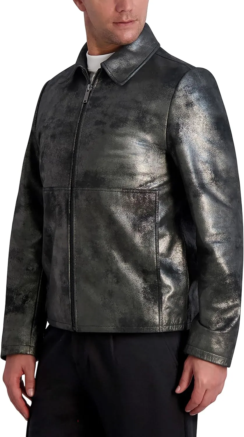 Karl Lagerfeld Paris Men's Shirt Collar Silver Leather Jacket