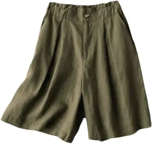 Kinghua Wide Leg Linen Shorts for Women Elastic High Waisted Pleated Casual Loose Bermuda Shorts