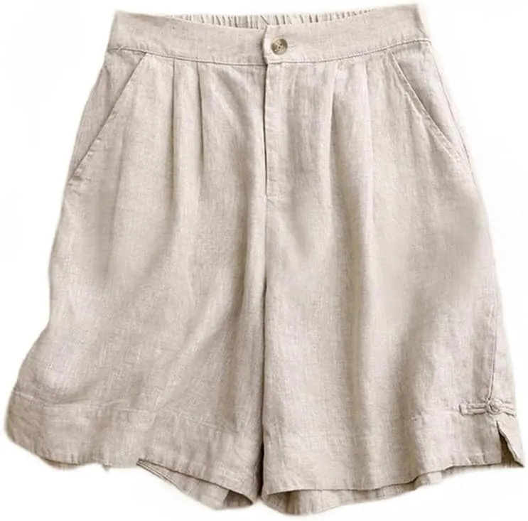 Kinghua Womens Wide Leg Linen Shorts Summer Casual Loose Pleated Elastic High Waisted Bermuda Shorts