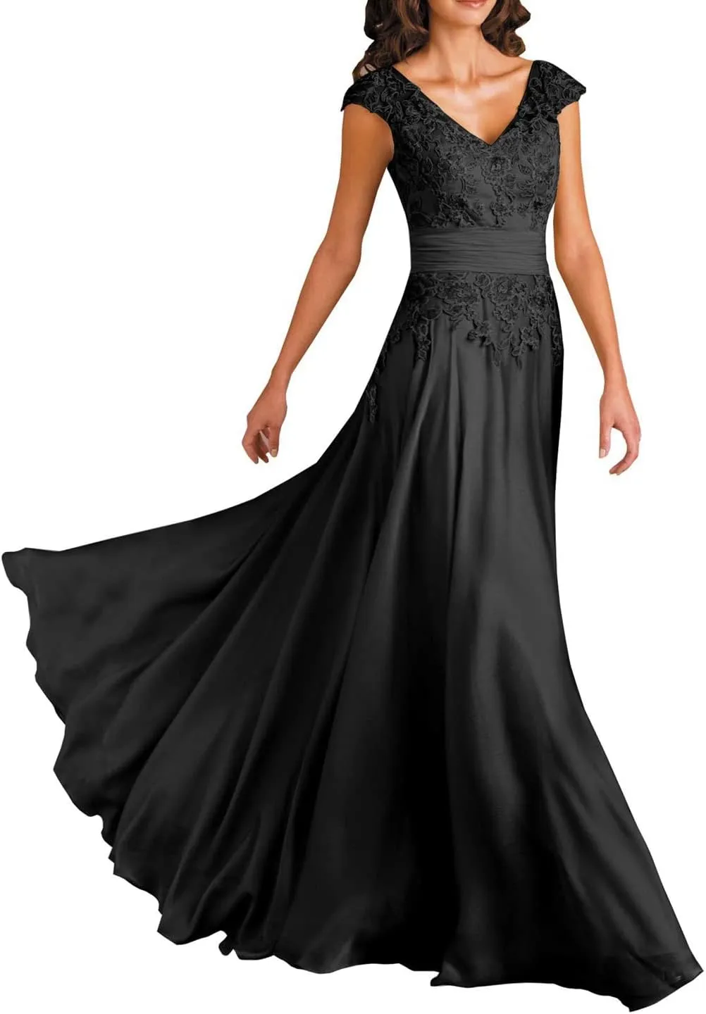 Lace Mother of The Bride Dress Cap Sleeve Applique V Neck Chiffon Formal Evening Gowns LYQ54