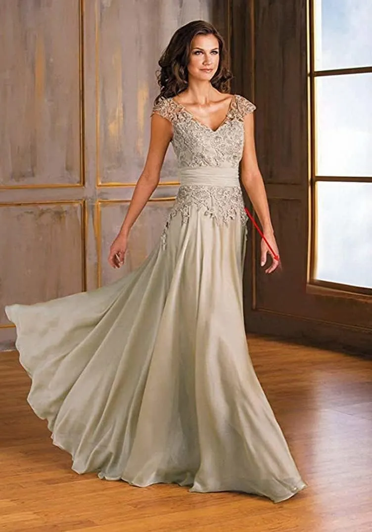 Lace Mother of The Bride Dress Cap Sleeve Applique V Neck Chiffon Formal Evening Gowns LYQ54