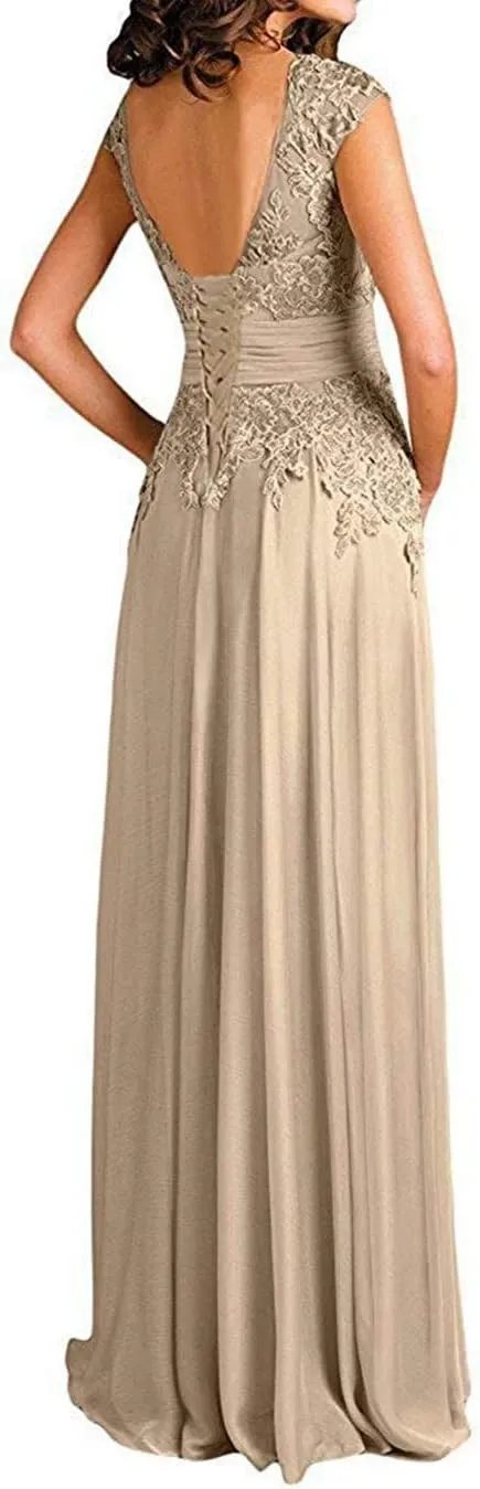 Lace Mother of The Bride Dress Cap Sleeve Applique V Neck Chiffon Formal Evening Gowns LYQ54