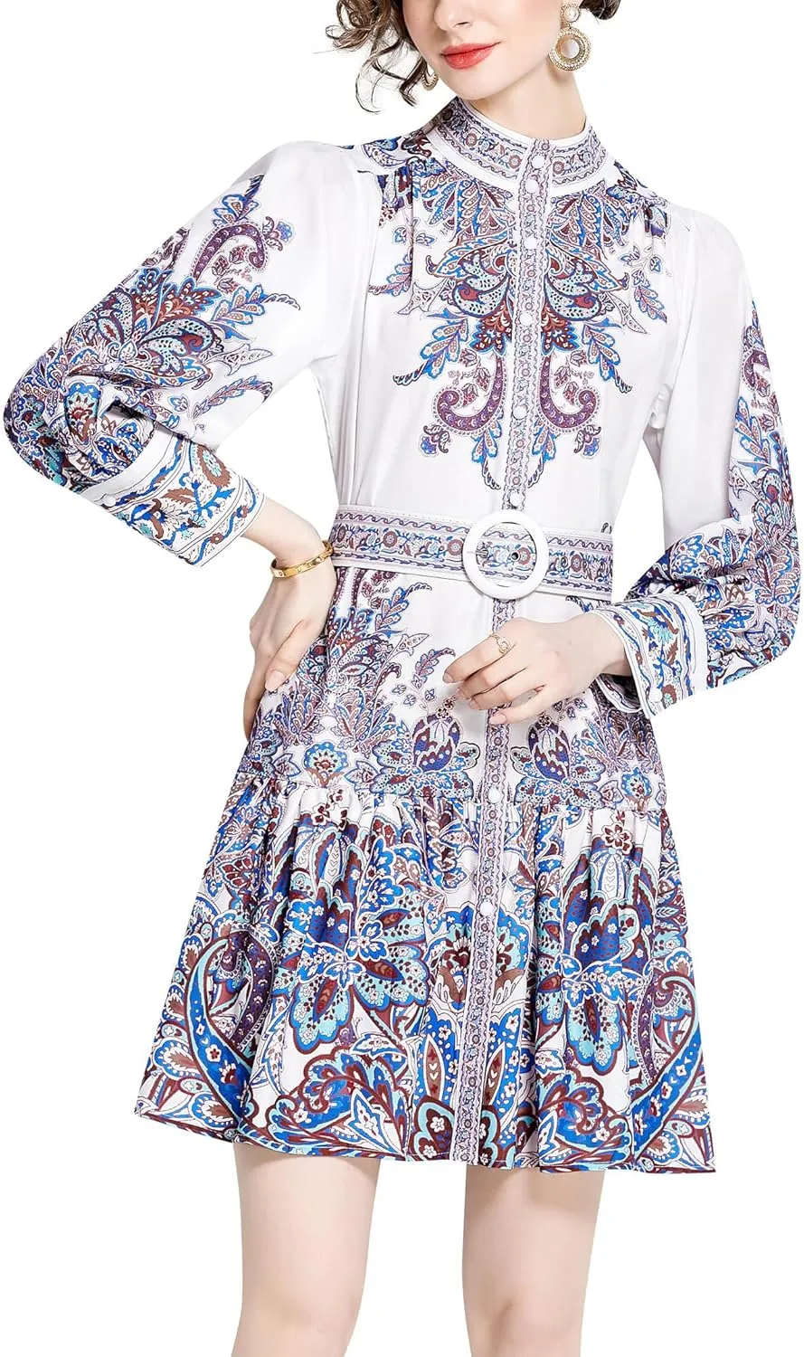 LAI MENG FIVE CATS Women's Round Neck Floral Print Long Sleeve Ruffle Mini Dress-L