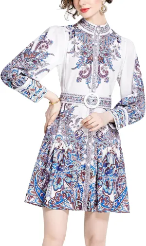 LAI MENG FIVE CATS Women's Round Neck Floral Print Long Sleeve Ruffle Mini Dress-L