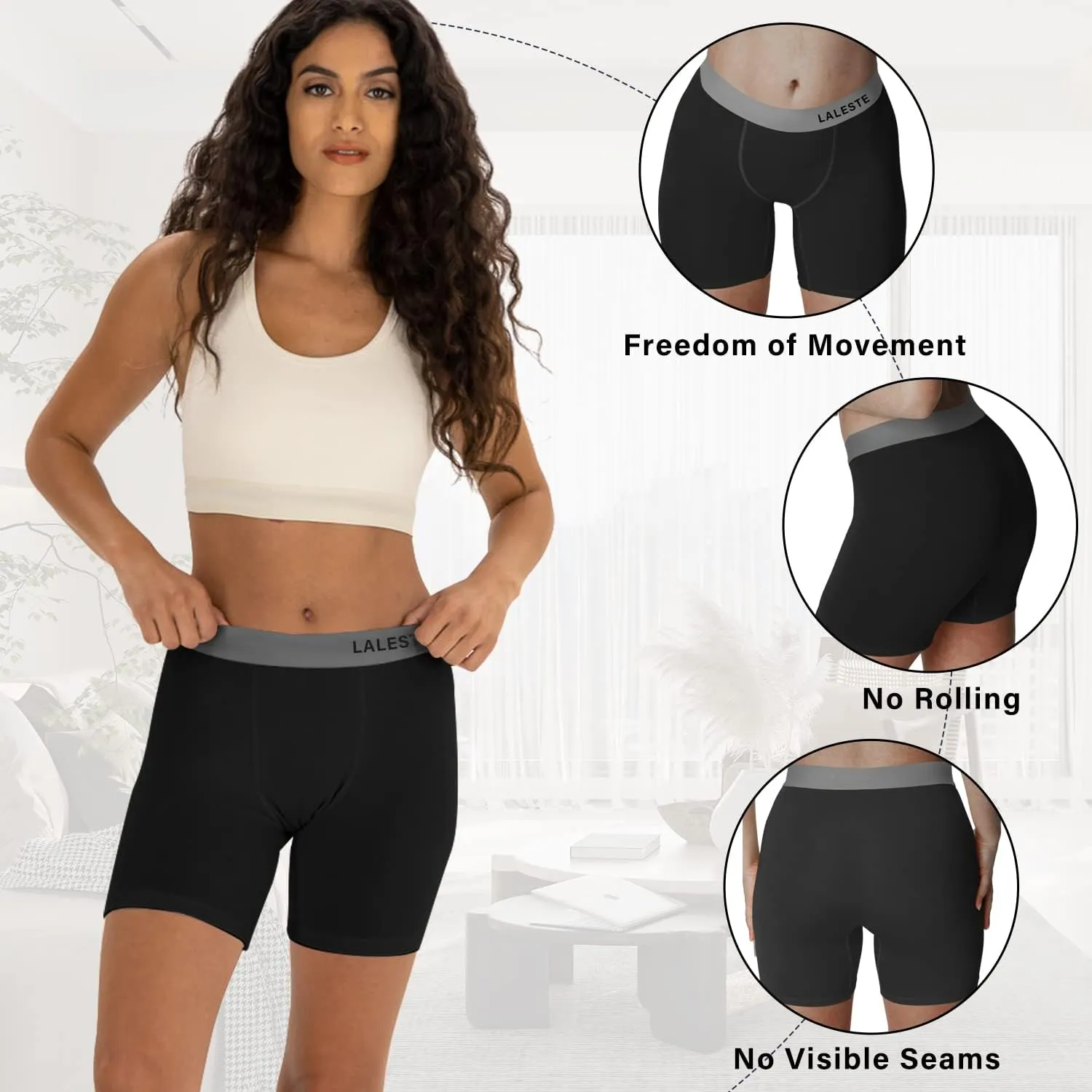 LALESTE Women Cotton Boxer Briefs 3" Inseam Boy Shorts Underwear Anti Chafing Shorts 5 Pack