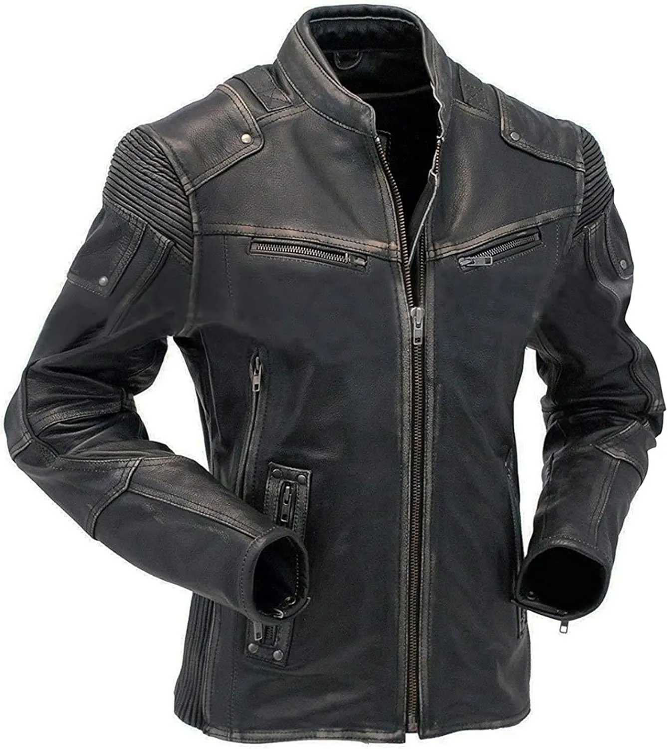 Lambskin Leather Jacket for Men - Vintage Distressed Brown Biker Coat