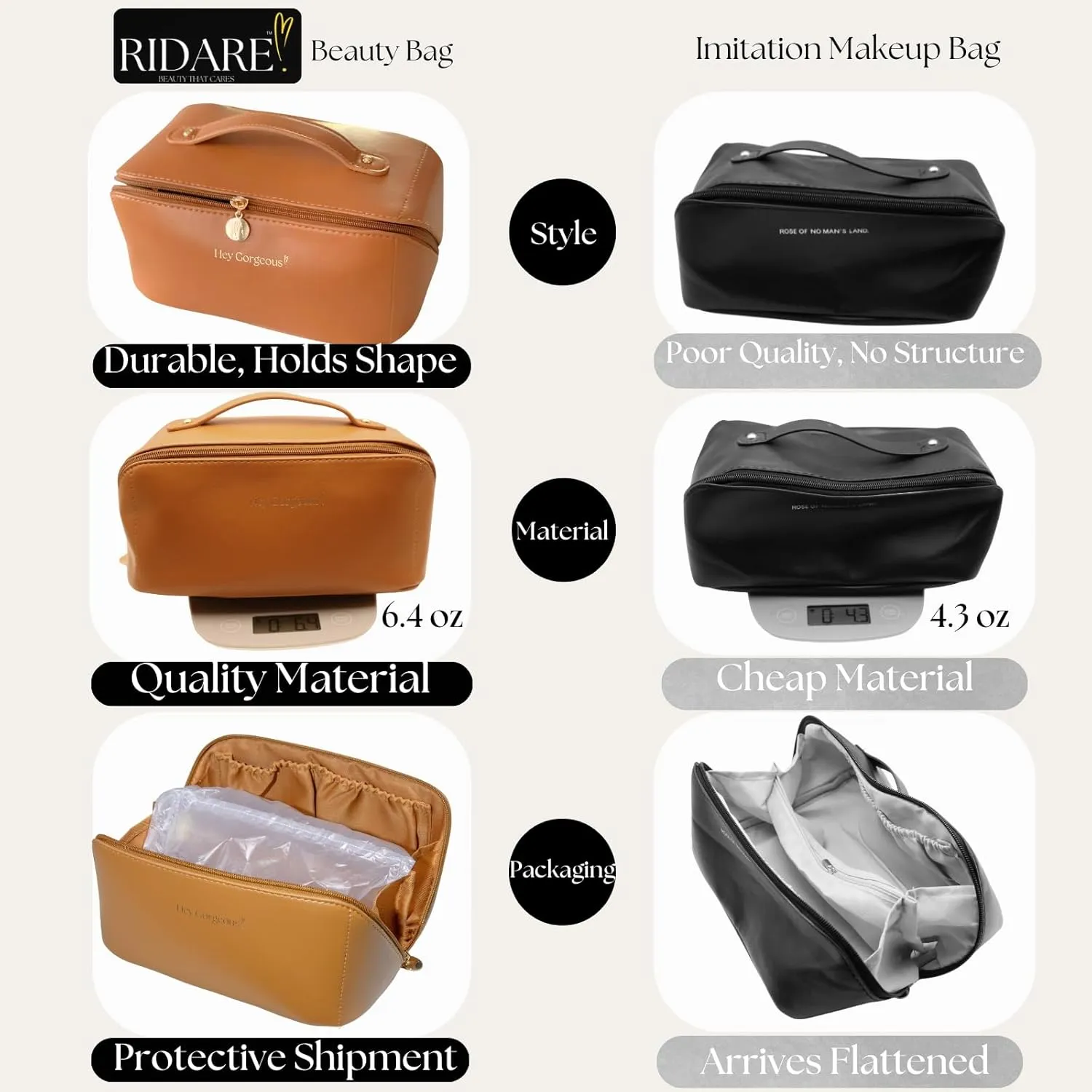 Large Travel Makeup Bag  Waterproof Cosmetic Case, Portable Beauty Organizer with Fixed Divider, Spacious Toiletry Bag for Skincare, Brushes & Accessories, Durable Handle, Open Flat(Caramel I)