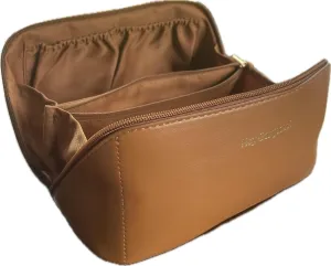 Large Travel Makeup Bag  Waterproof Cosmetic Case, Portable Beauty Organizer with Fixed Divider, Spacious Toiletry Bag for Skincare, Brushes & Accessories, Durable Handle, Open Flat(Caramel I)