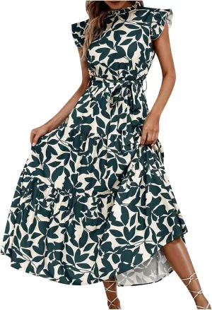 Lastesso Sundresses for Women 2024 Ruffle Cap Sleeve High Neck Dresses Trendy Printing Tie Summer Long Dress with Tie Waist