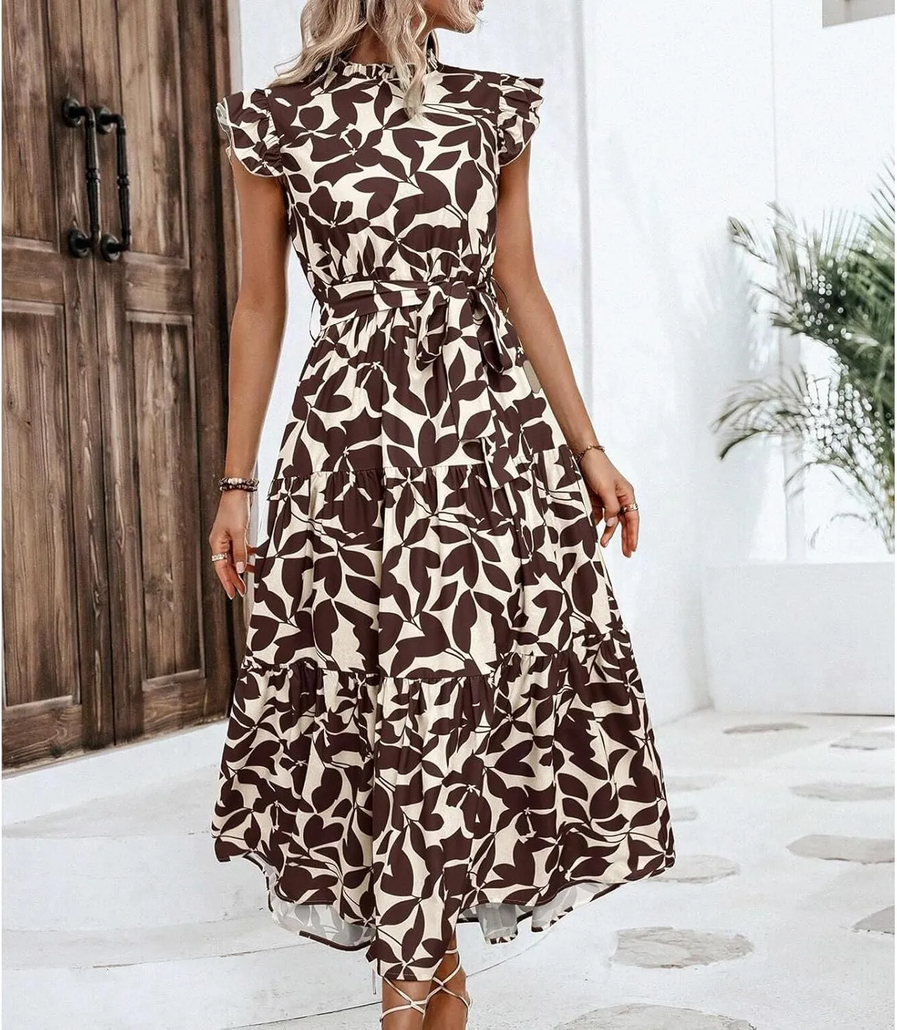 Lastesso Sundresses for Women 2024 Ruffle Cap Sleeve High Neck Dresses Trendy Printing Tie Summer Long Dress with Tie Waist