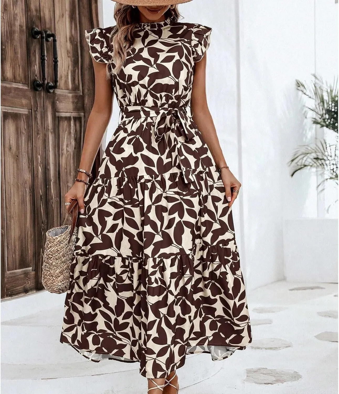 Lastesso Sundresses for Women 2024 Ruffle Cap Sleeve High Neck Dresses Trendy Printing Tie Summer Long Dress with Tie Waist
