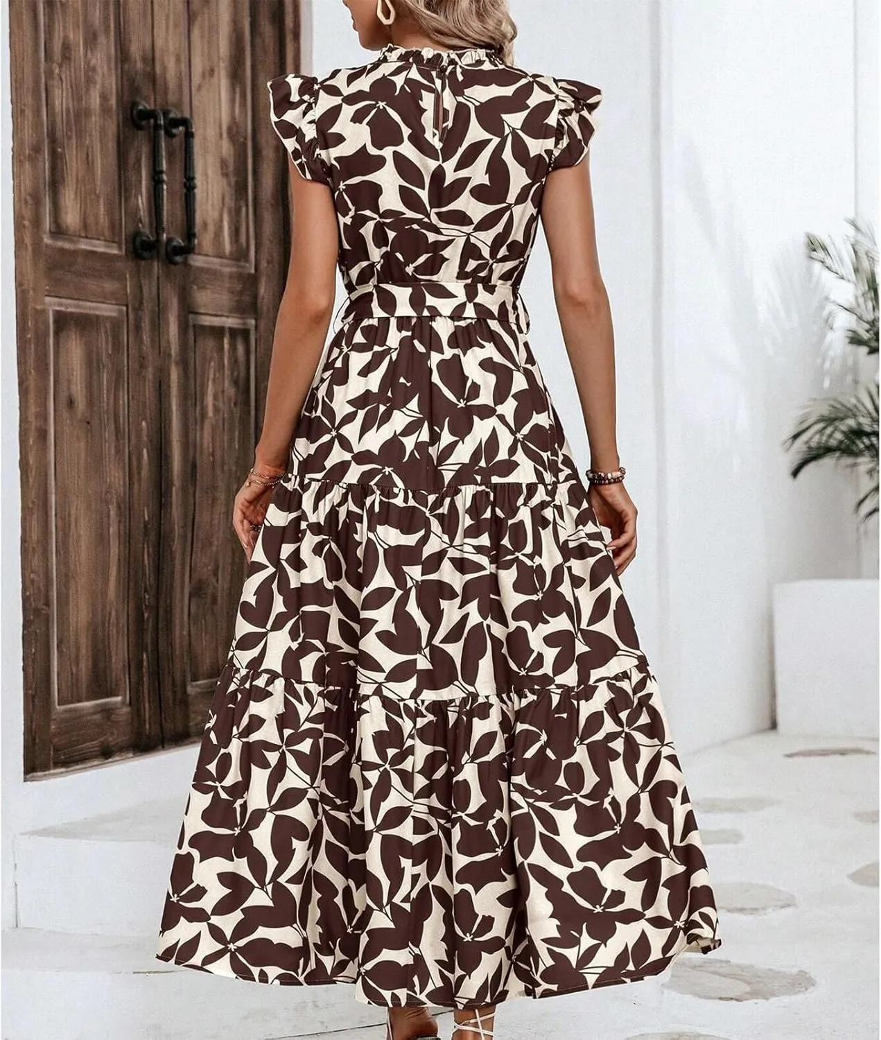 Lastesso Sundresses for Women 2024 Ruffle Cap Sleeve High Neck Dresses Trendy Printing Tie Summer Long Dress with Tie Waist