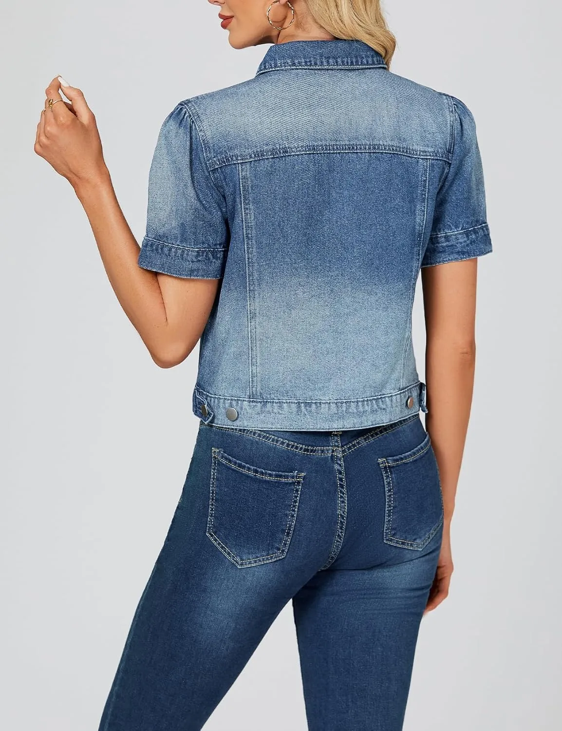 LifeShe Puff Short Sleeve Denim Jacket for Women Summer Cropped Jean Jacket Slim Non-stretch Crop Coat