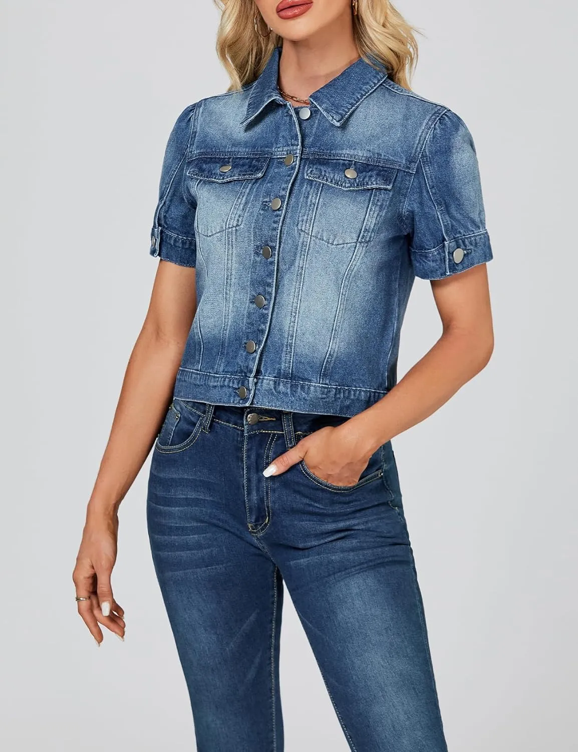 LifeShe Puff Short Sleeve Denim Jacket for Women Summer Cropped Jean Jacket Slim Non-stretch Crop Coat