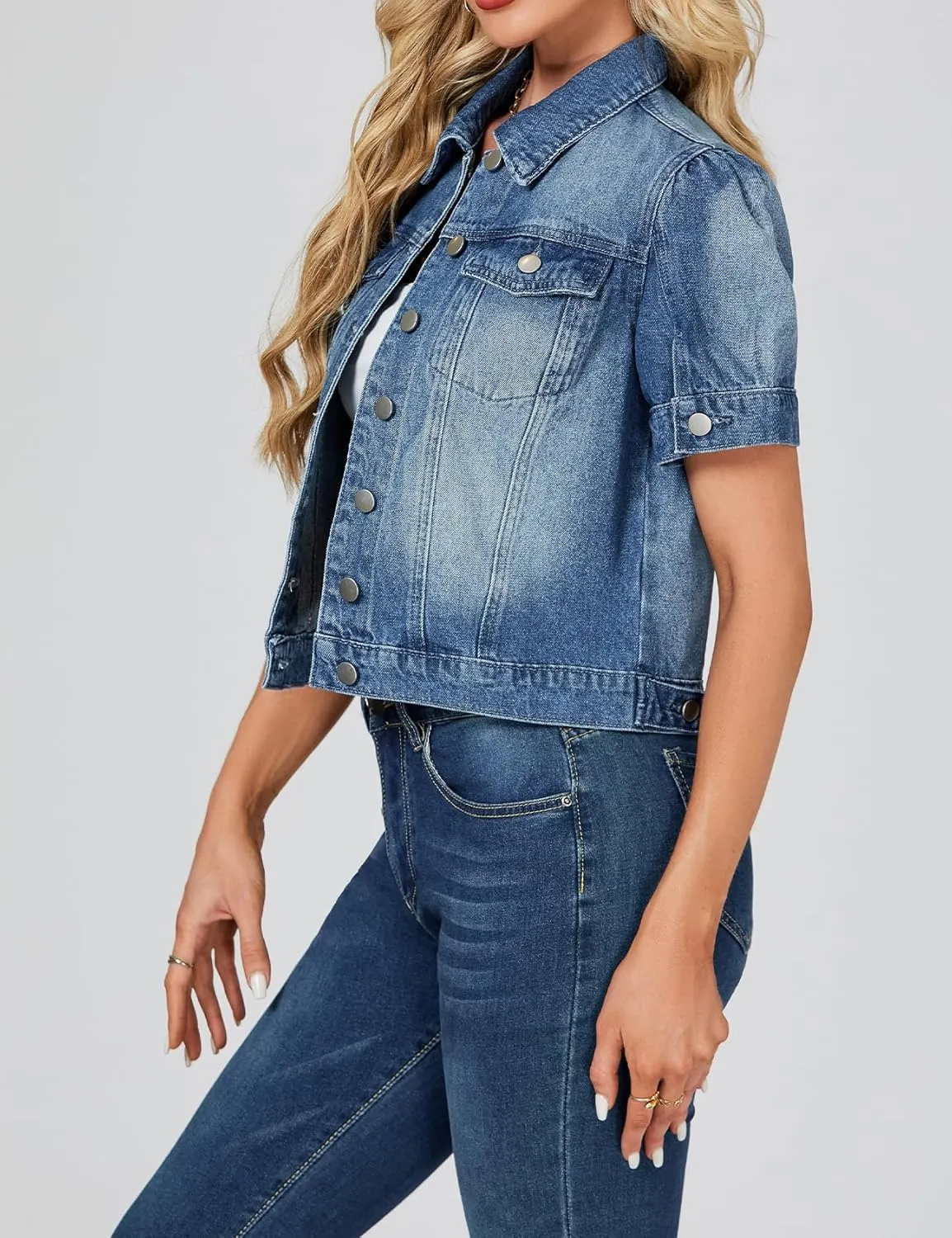LifeShe Puff Short Sleeve Denim Jacket for Women Summer Cropped Jean Jacket Slim Non-stretch Crop Coat