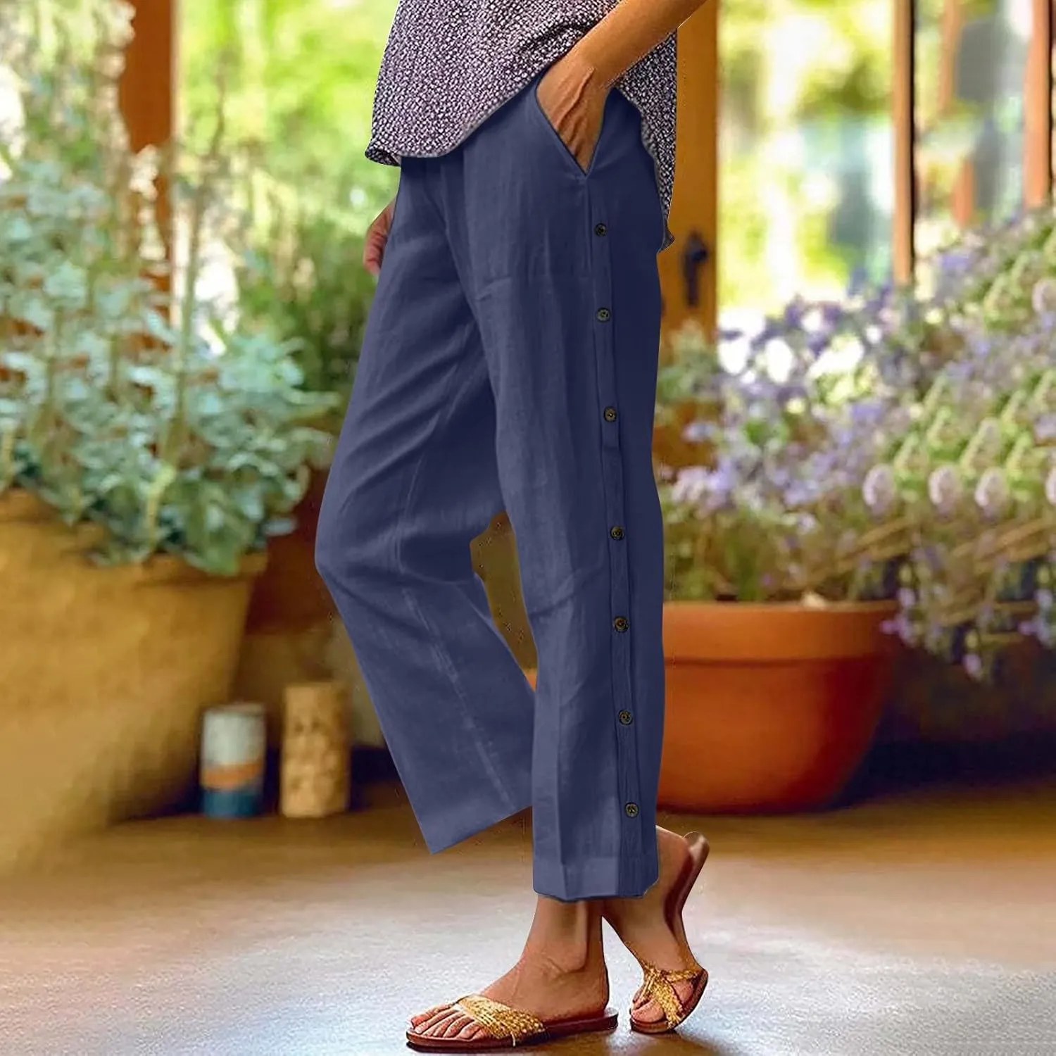 Linen Capri Pants for Women Elastic Waist Casual Palazzo Trousers Stretchy Lounge Trousers Summer Beach Travel Vacation