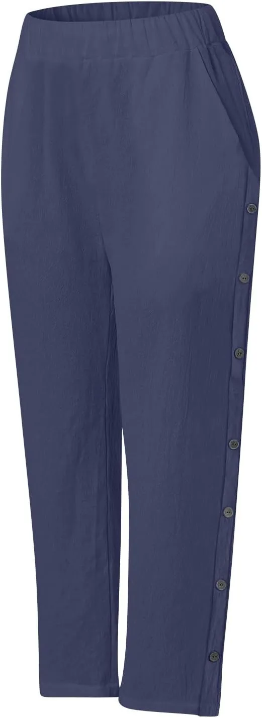 Linen Capri Pants for Women Elastic Waist Casual Palazzo Trousers Stretchy Lounge Trousers Summer Beach Travel Vacation