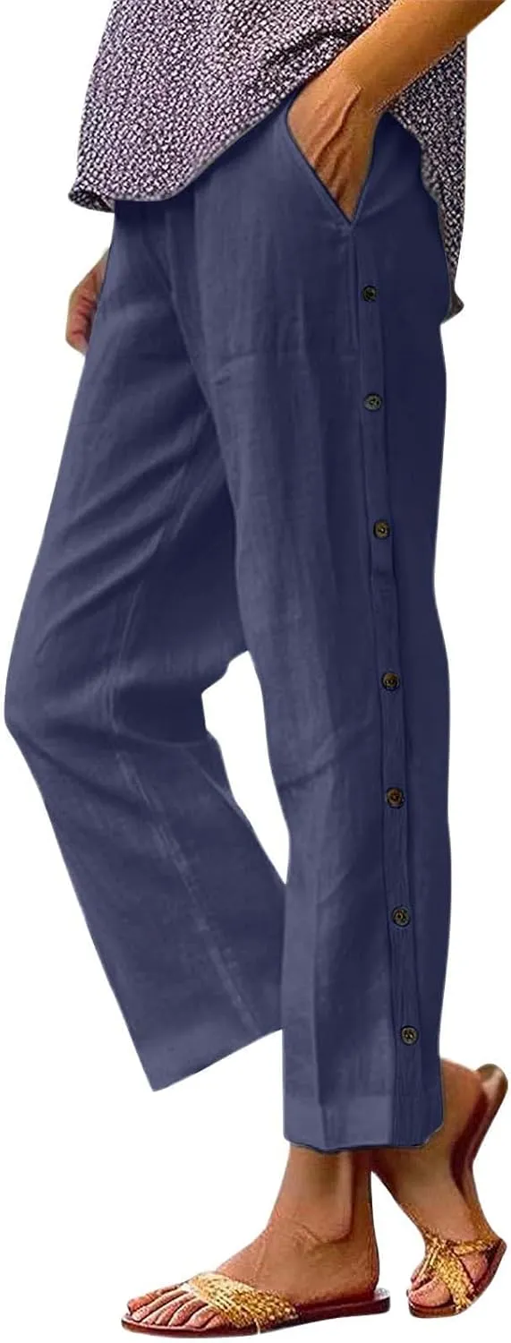 Linen Capri Pants for Women Elastic Waist Casual Palazzo Trousers Stretchy Lounge Trousers Summer Beach Travel Vacation