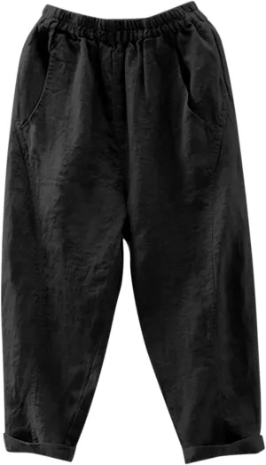 Linen Capri Pants for Women Elatic High Waisted Casual Loose Tapered Trousers Summer Beach Outdoor Sweatpants with Pockets
