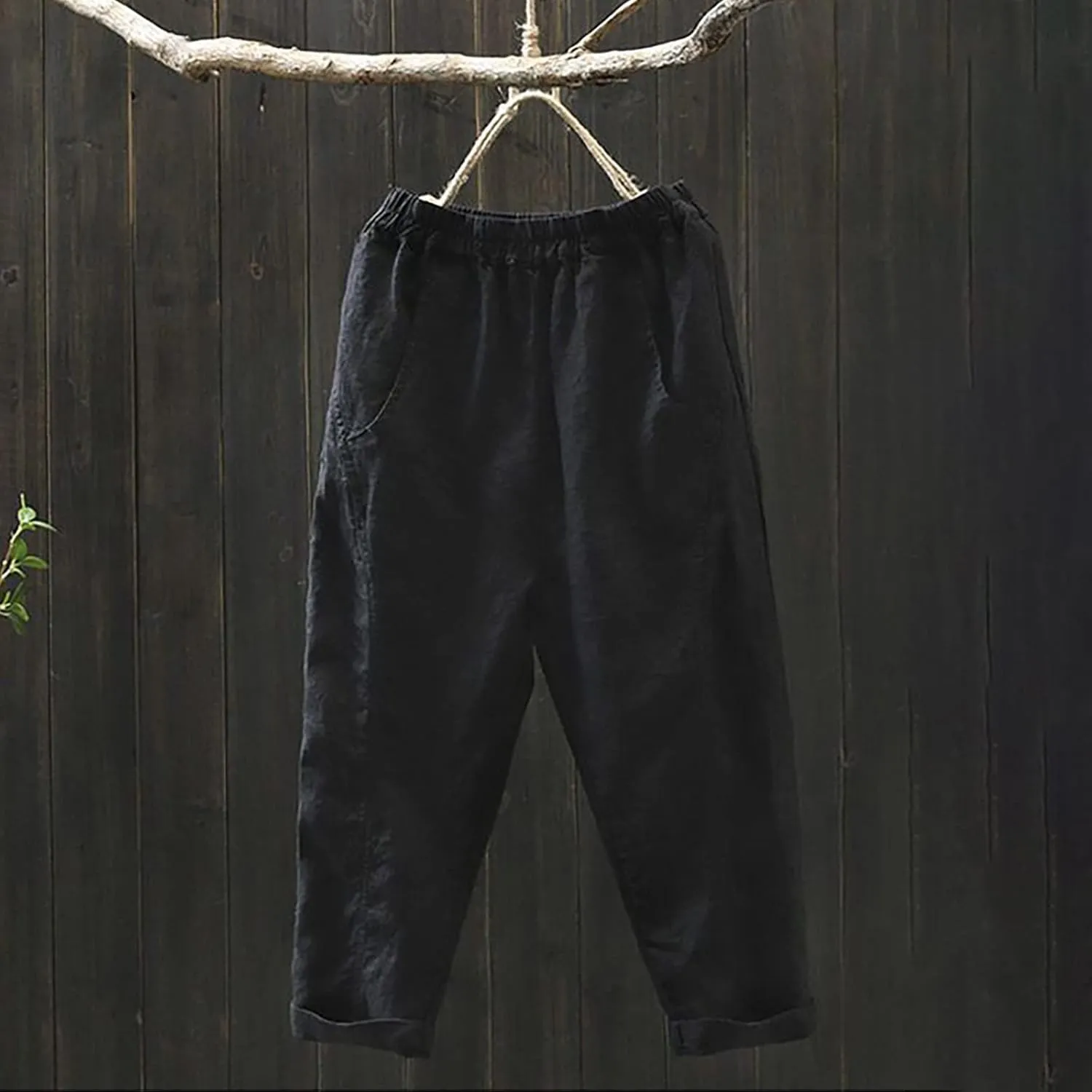 Linen Capri Pants for Women Elatic High Waisted Casual Loose Tapered Trousers Summer Beach Outdoor Sweatpants with Pockets