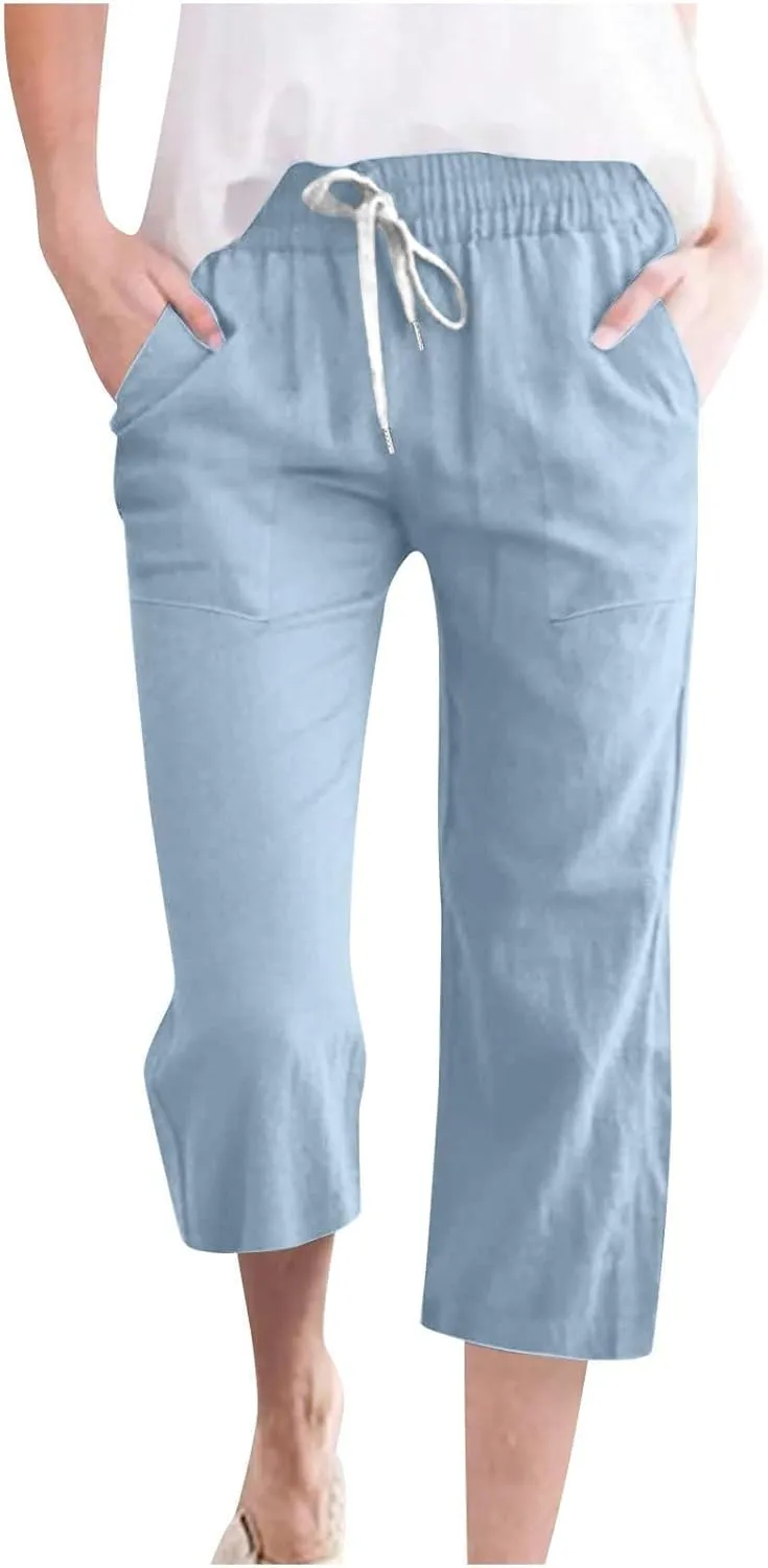 Linen Capri Pants for Women Summer Beach Straight Wide Leg Cropped Trouser Elastic Waist Drawstring Casual Pants