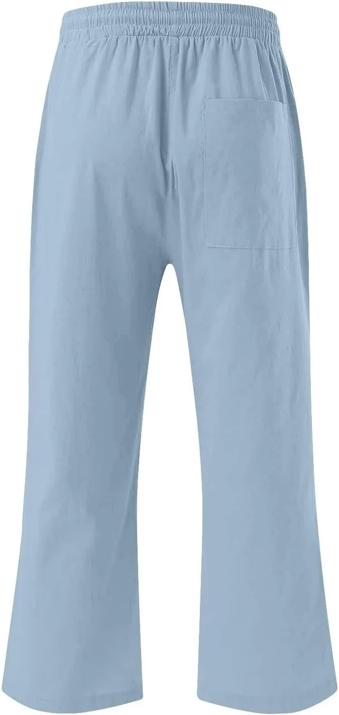 Linen Capri Pants for Women Summer Beach Straight Wide Leg Cropped Trouser Elastic Waist Drawstring Casual Pants