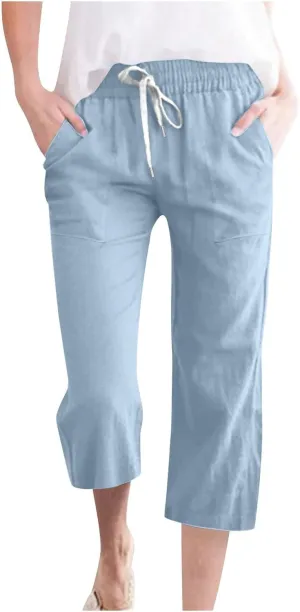 Linen Capri Pants for Women Summer Beach Straight Wide Leg Cropped Trouser Elastic Waist Drawstring Casual Pants