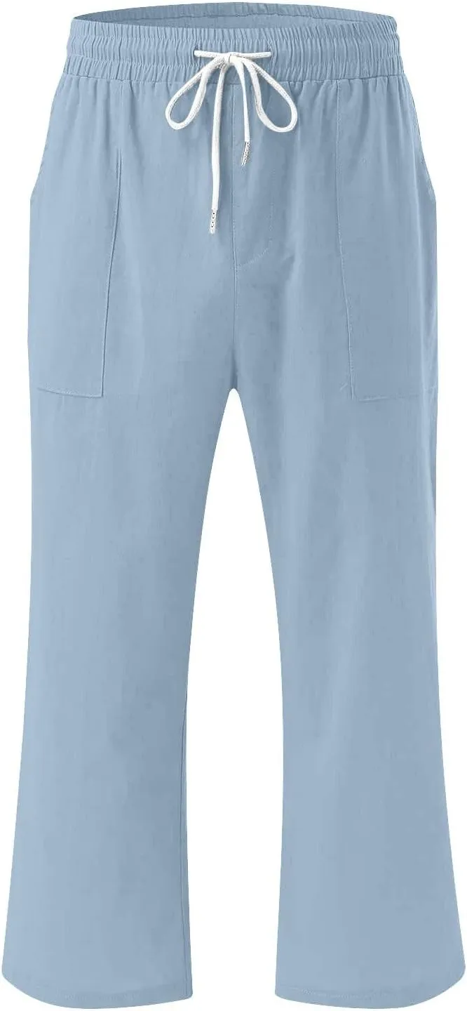 Linen Capri Pants for Women Summer Beach Straight Wide Leg Cropped Trouser Elastic Waist Drawstring Casual Pants