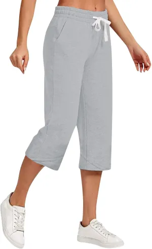 Linen Capri Pants Women Plus Size Elastic Waist Drawstring Wide Leg Cropped Lounge Trousers Summer Beach Pant Outfits