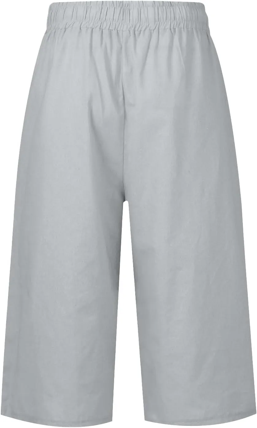 Linen Capri Pants Women Plus Size Elastic Waist Drawstring Wide Leg Cropped Lounge Trousers Summer Beach Pant Outfits