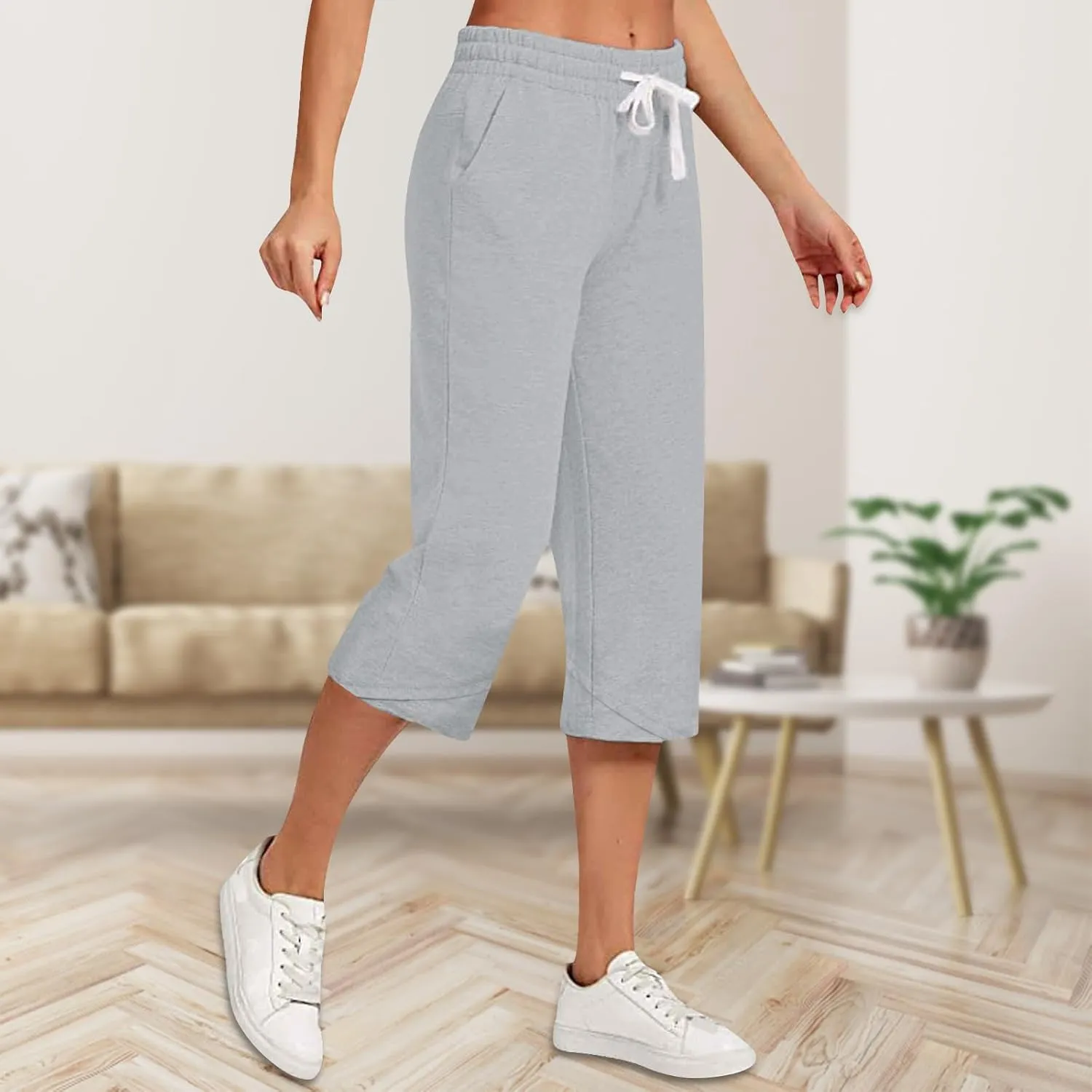 Linen Capri Pants Women Plus Size Elastic Waist Drawstring Wide Leg Cropped Lounge Trousers Summer Beach Pant Outfits