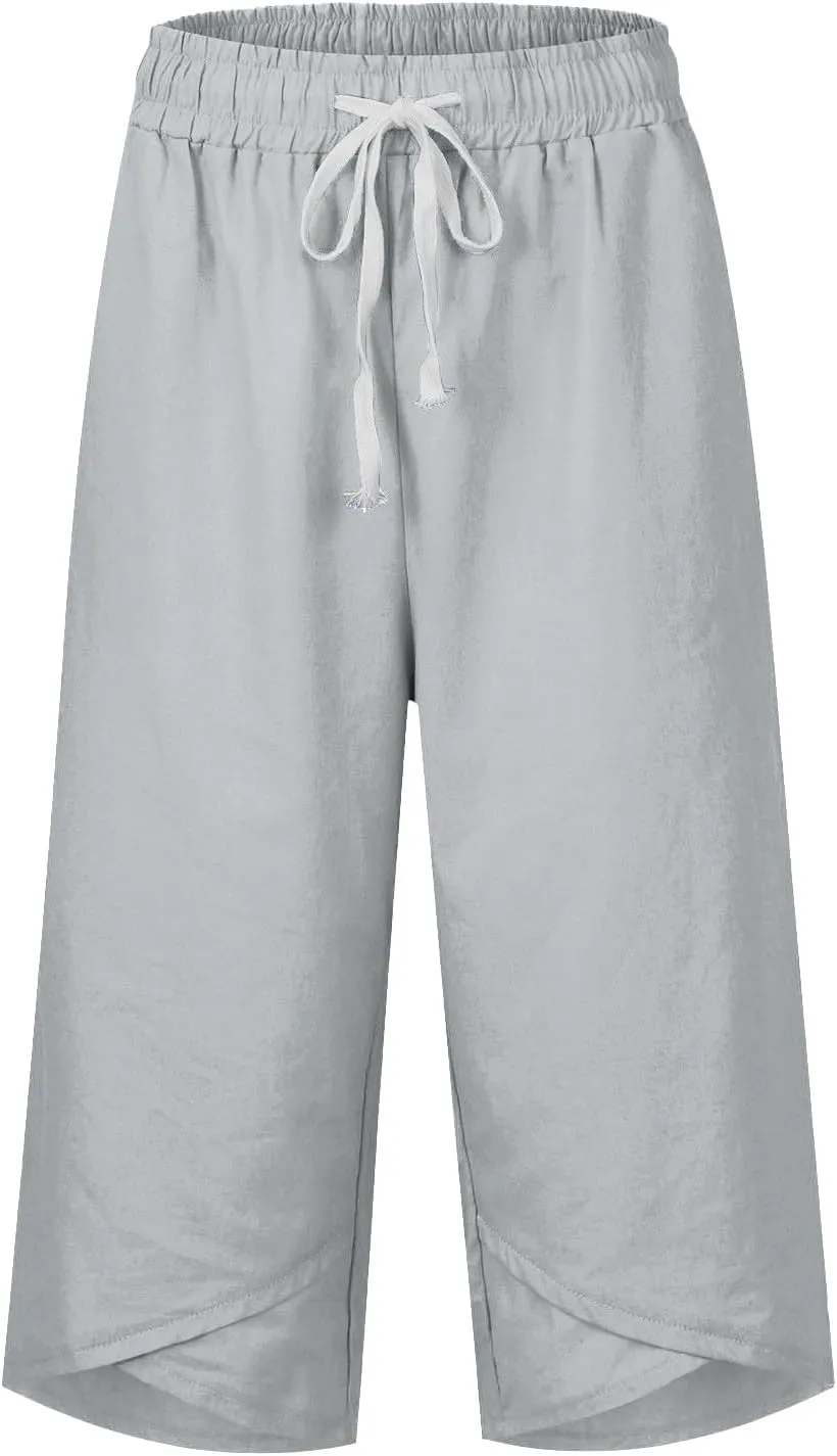 Linen Capri Pants Women Plus Size Elastic Waist Drawstring Wide Leg Cropped Lounge Trousers Summer Beach Pant Outfits