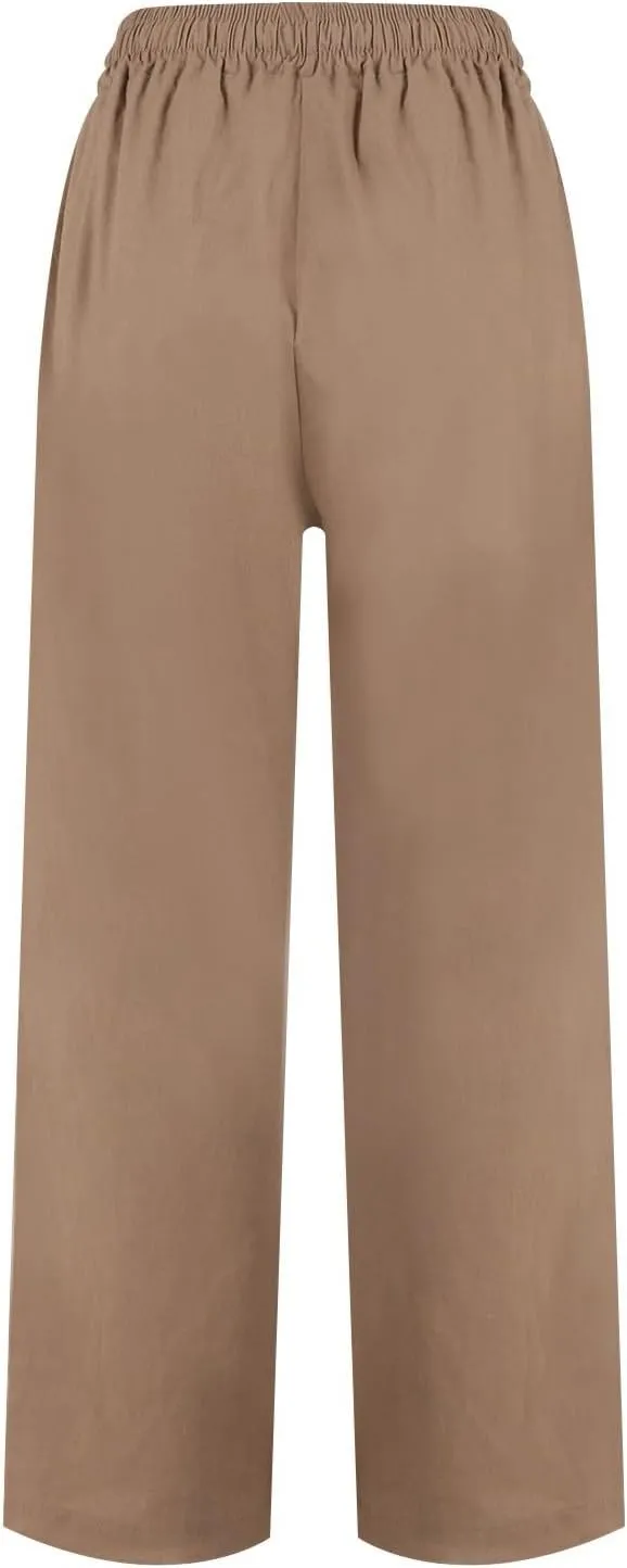 Linen Capri Pants Women Summer Wide Leg Cropped Pants Loose Cotton Ankle Trousers Elastic High Waist Workout Pants