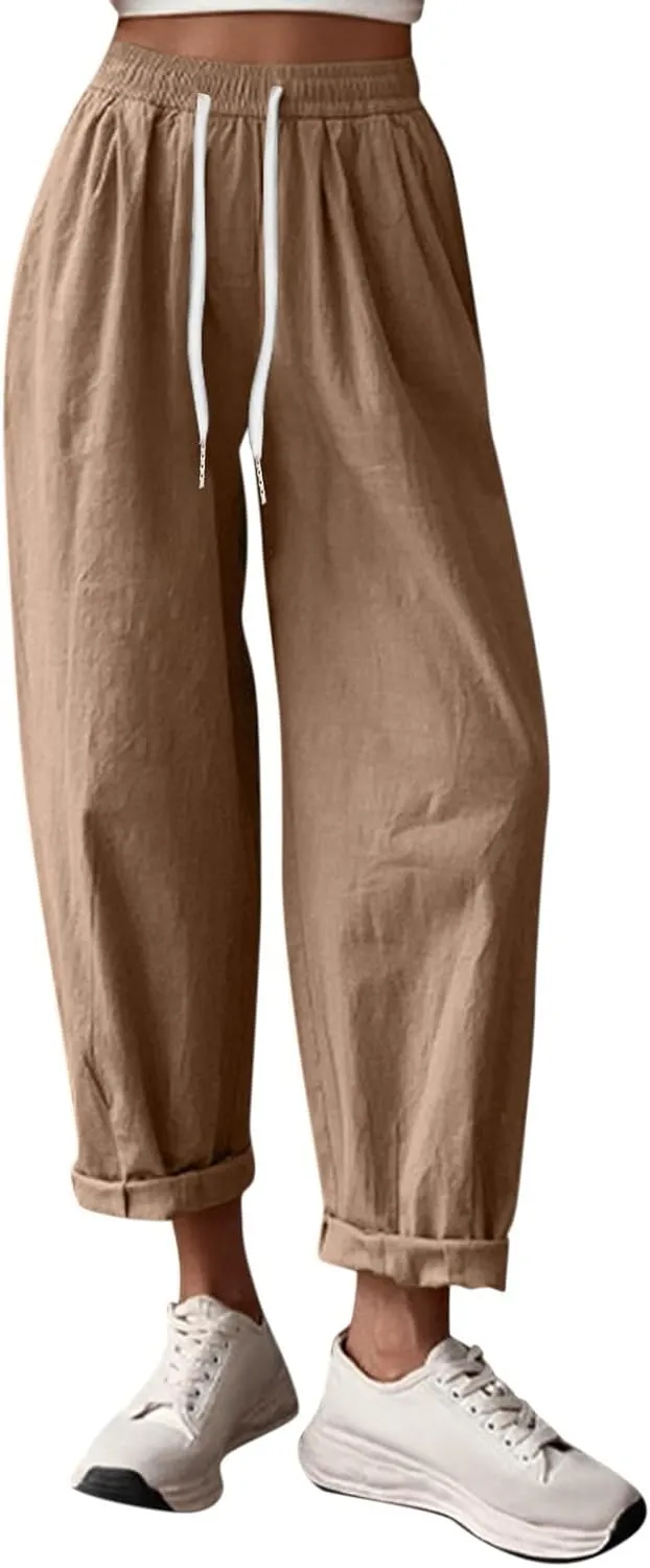 Linen Capri Pants Women Summer Wide Leg Cropped Pants Loose Cotton Ankle Trousers Elastic High Waist Workout Pants