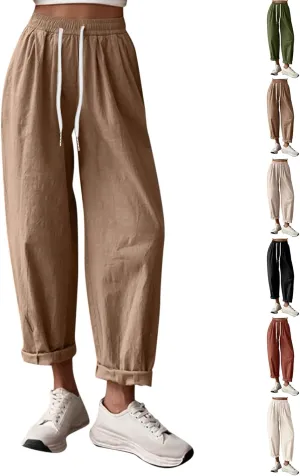 Linen Capri Pants Women Summer Wide Leg Cropped Pants Loose Cotton Ankle Trousers Elastic High Waist Workout Pants