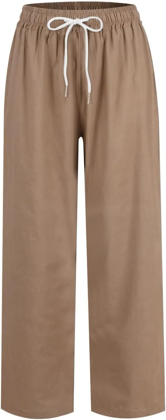 Linen Capri Pants Women Summer Wide Leg Cropped Pants Loose Cotton Ankle Trousers Elastic High Waist Workout Pants