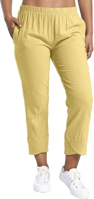 Linen Capri Pants Womens Casual Summer Trendy Elastic Waist Loose Trouser Lounge Athletic Yoga Pants Beach Plus Size
