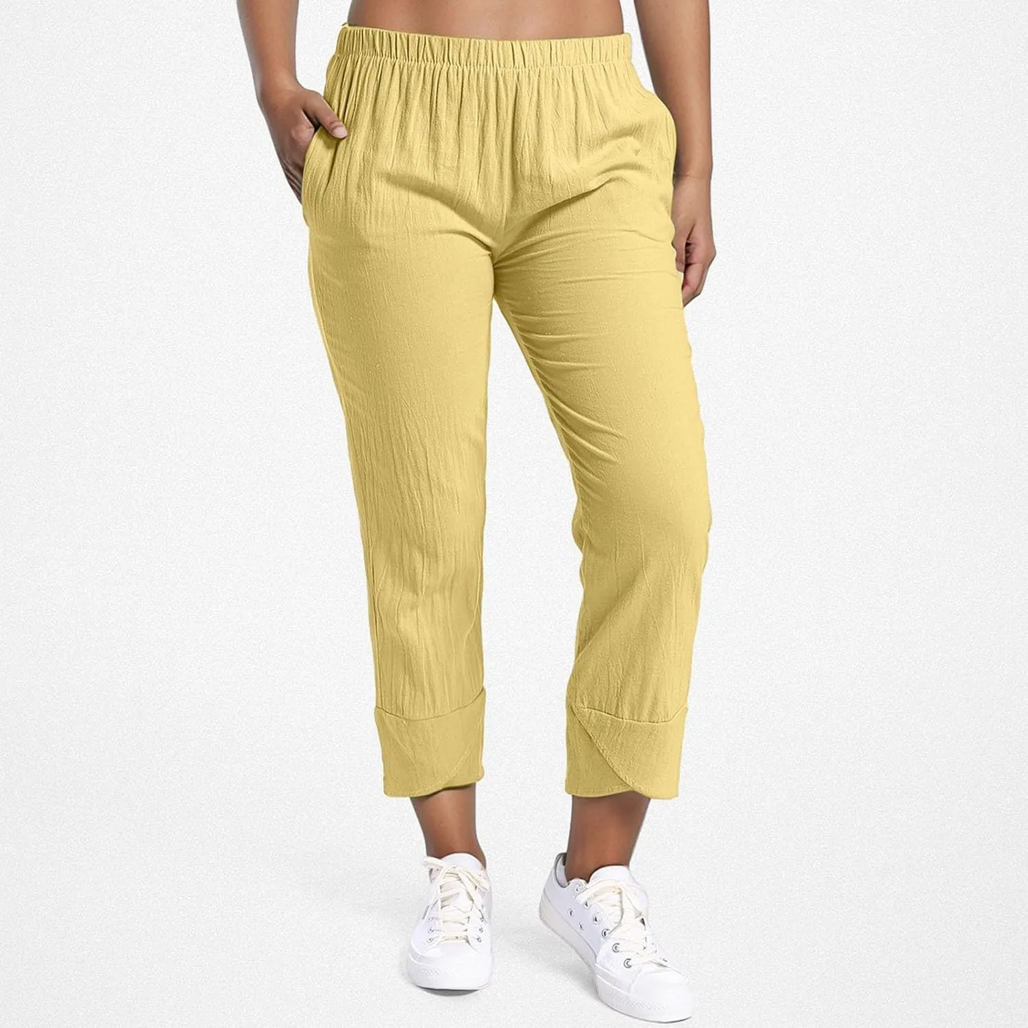 Linen Capri Pants Womens Casual Summer Trendy Elastic Waist Loose Trouser Lounge Athletic Yoga Pants Beach Plus Size