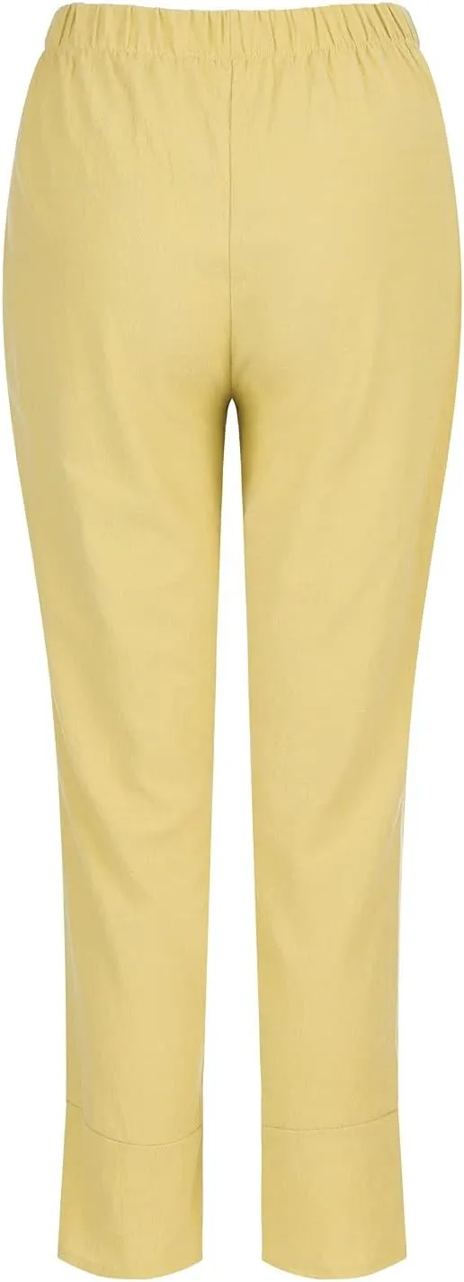 Linen Capri Pants Womens Casual Summer Trendy Elastic Waist Loose Trouser Lounge Athletic Yoga Pants Beach Plus Size