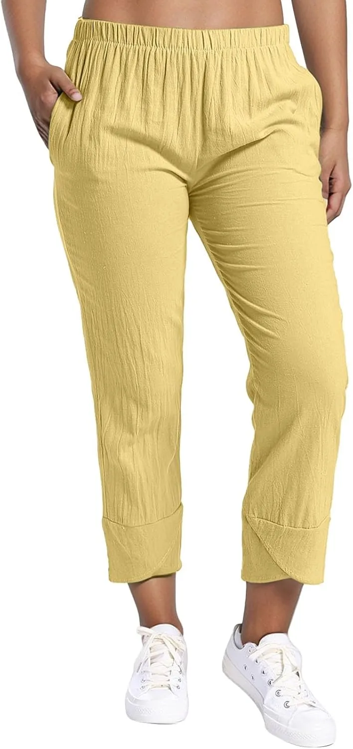 Linen Capri Pants Womens Casual Summer Trendy Elastic Waist Loose Trouser Lounge Athletic Yoga Pants Beach Plus Size