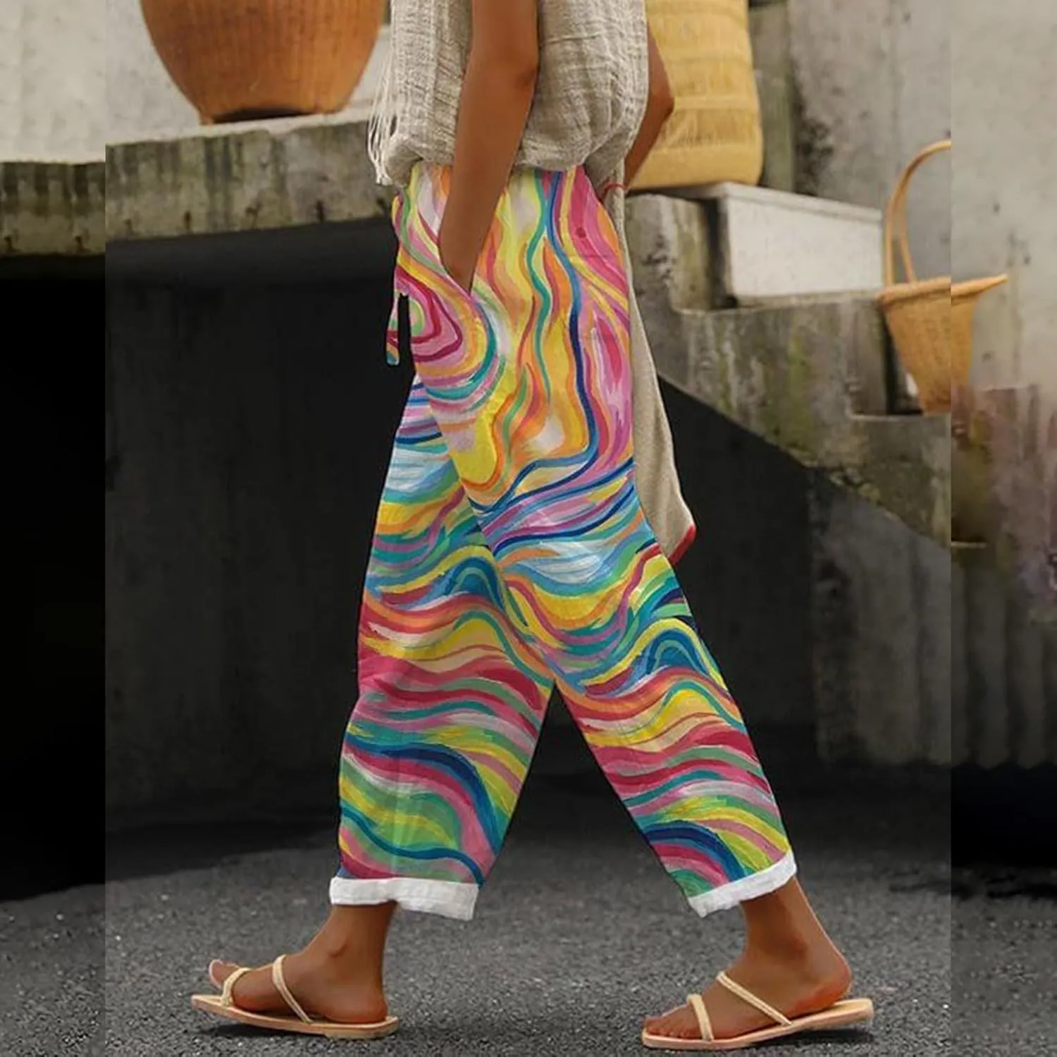Linen Capris Pants for Women High Waisted Drawstring Capri Boho Printed Wide Leg Cropped Trousers with Pockets