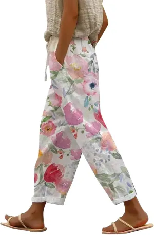 Linen Capris Pants for Women High Waisted Drawstring Capri Boho Printed Wide Leg Cropped Trousers with Pockets