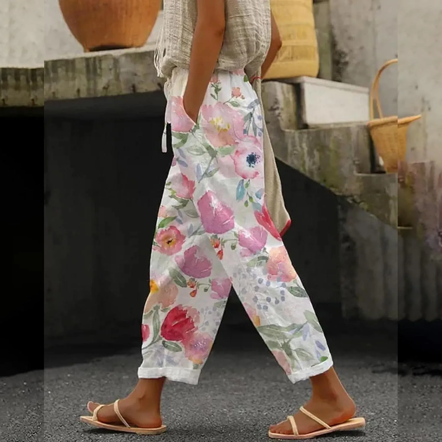 Linen Capris Pants for Women High Waisted Drawstring Capri Boho Printed Wide Leg Cropped Trousers with Pockets