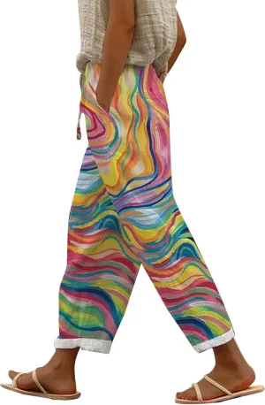 Linen Capris Pants for Women High Waisted Drawstring Capri Boho Printed Wide Leg Cropped Trousers with Pockets