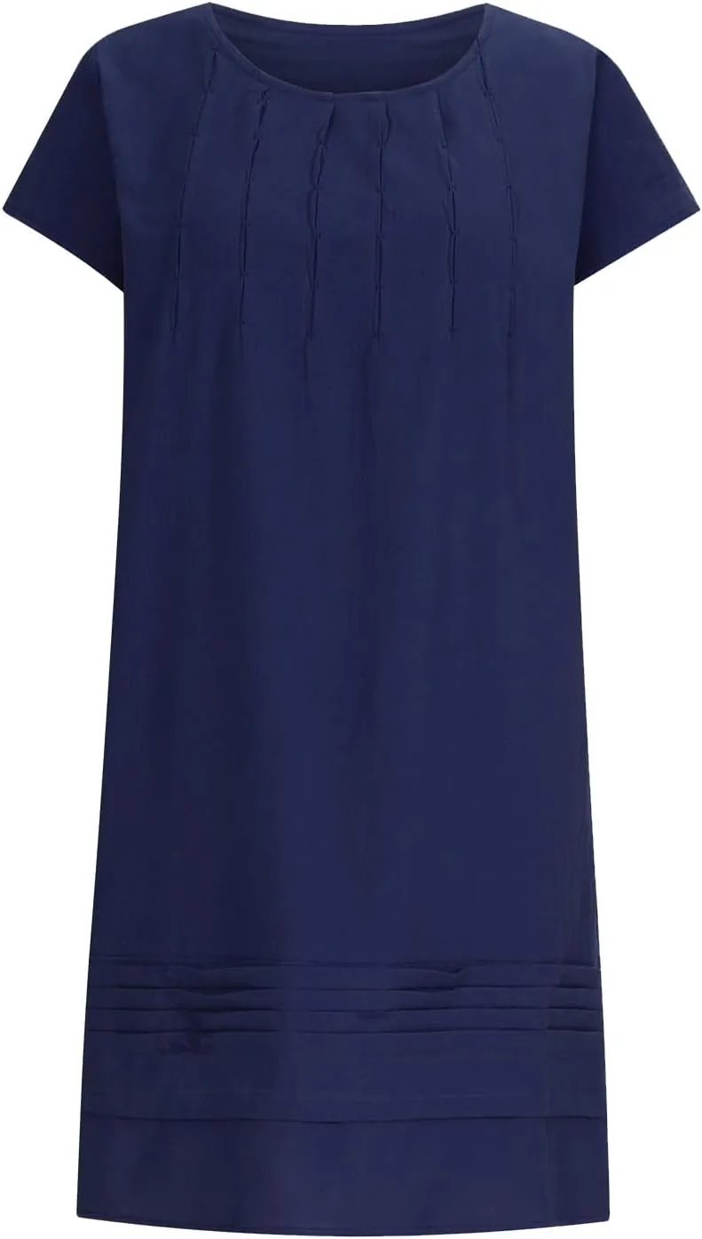 Linen Dress for Women Pleated Summer Dresses Round Neck Short Sleeve Sundress Casual Vacation A Line Dress Plus Size